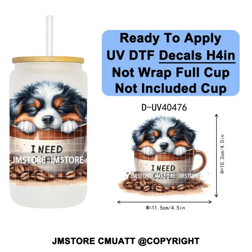 Puppy Coffee Dog Cartoon Pet Lover UV DTF Decals Ready To Apply Waterproof Transfer Stickers For 16OZ Libbey Glass Can Tumbler