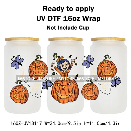 Halloween Pumpkin Spice Magical Cartoon 16OZ UV DTF Cup Wraps Ready To Apply Waterproof Transfer Stickers For Libbey Glass Can