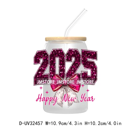 Retro Happy New Year 2025 Coquette Bow UV DTF Transfer Stickers Decals For Libbey Cold Cups Mugs Tumbler Waterproof Custom Logo