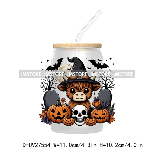 Cartoon Halloween Highland Cow UV DTF Transfer Stickers Decals For Libbey Cold Cups Mug Tumbler High Quality Labels Spooky Skull