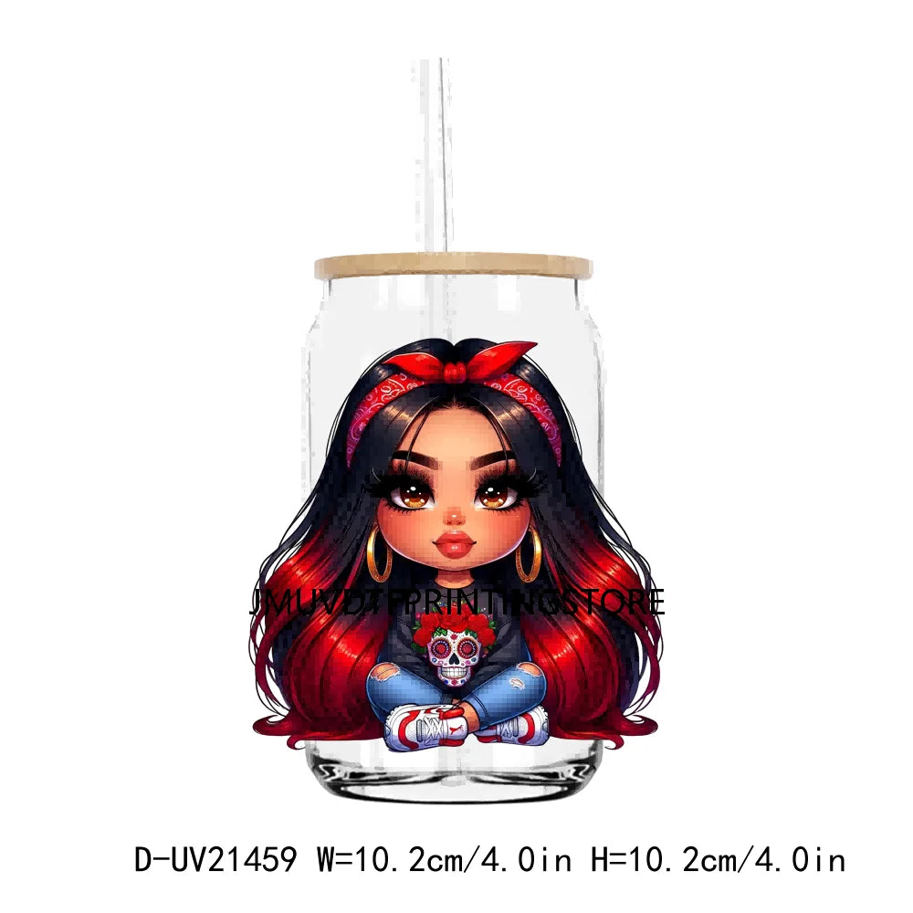 Chibi Cute Chicana Doll With Rose UV DTF Transfers Stickers Decals For Libbey Cold Cups Mugs Tumbler Mexico Waterproof DIY Logo