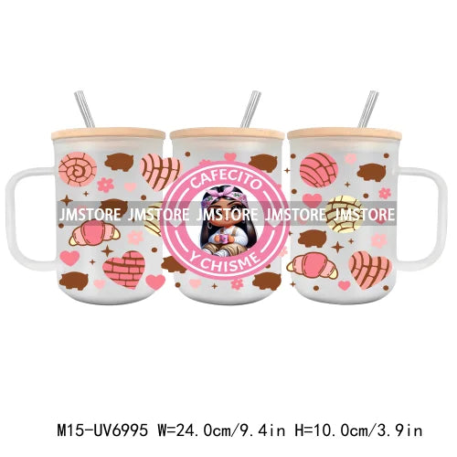 Cartoon Chicano Girls Rose UV DTF Glass Can Wrap For 15OZ Mug Coffee Cup Transfer Sticker DIY Custom Logo Labels Mexican Culture