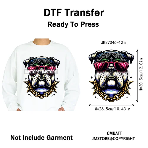 12in Streetwear Vibes Rich Cool Cartoon Bulldog King Designs Washable Iron on DTF Transfers Stickers Ready to Press for Clothes