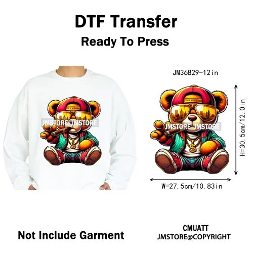 12in Hip Hop Vibes Urban Style Rich Bear With Gold Chains King Animal Iron on DTF Transfers Stickers Ready to Press for Textile