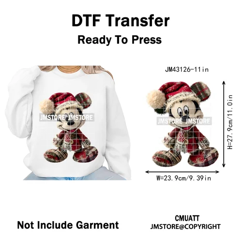 Faux Yarn Very Merry Christmas Mouse Friends Cartoon Santa Iron on Washable DTF Transfers Stickers Ready to Press for Clothing