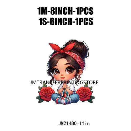 New Chibi Chicana Lovely Bow Rose Baby Girls Latina Princess Iron On DTF Heat Transfer Stickers Ready To Press For Clothing