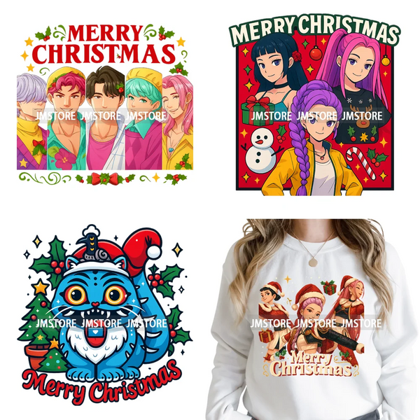 Merry Christmas Kpop Music Band Group Character Xmas Festive Love Iron on DTF Transfers Stickers Ready to Press for Clothes Bags