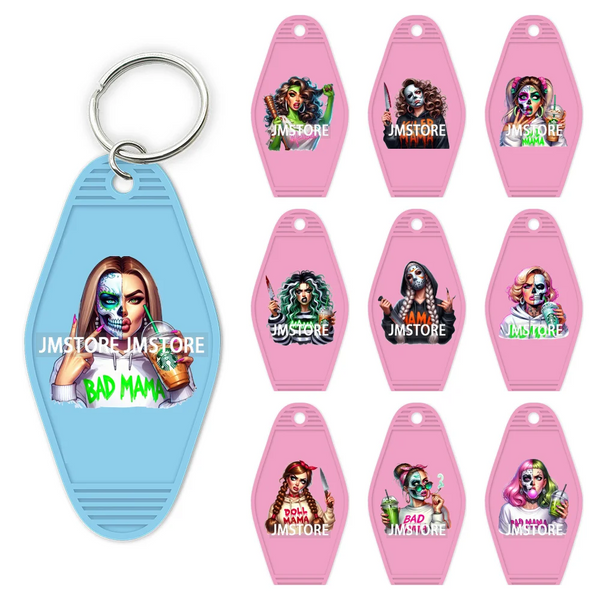 Scary Movie Character Bad Mama Boo Mom UV DTF Motel Keychain Wraps Ready To Apply Waterproof High Quality Hotel Keychain Decals