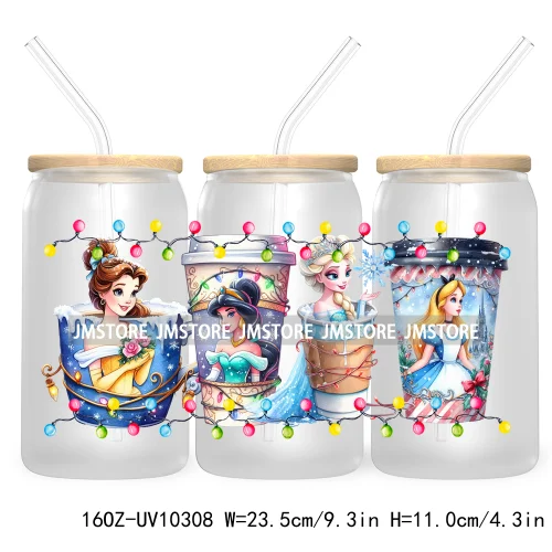 Princess Christmas Cartoon Friends 16OZ UV Cup Wrap DTF Transfer Stickers For Libbey Glass Can Cups Tumbler Magical Kingdom Vibe