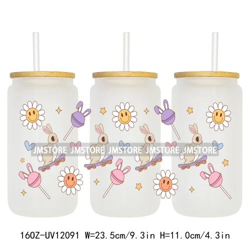 Retro Easter Bunny Rabbit Eggs Flowers 16OZ UV Cup Wrap DTF Transfer Stickers For Libbey Glass Can Cup Tumbler Waterproof Labels