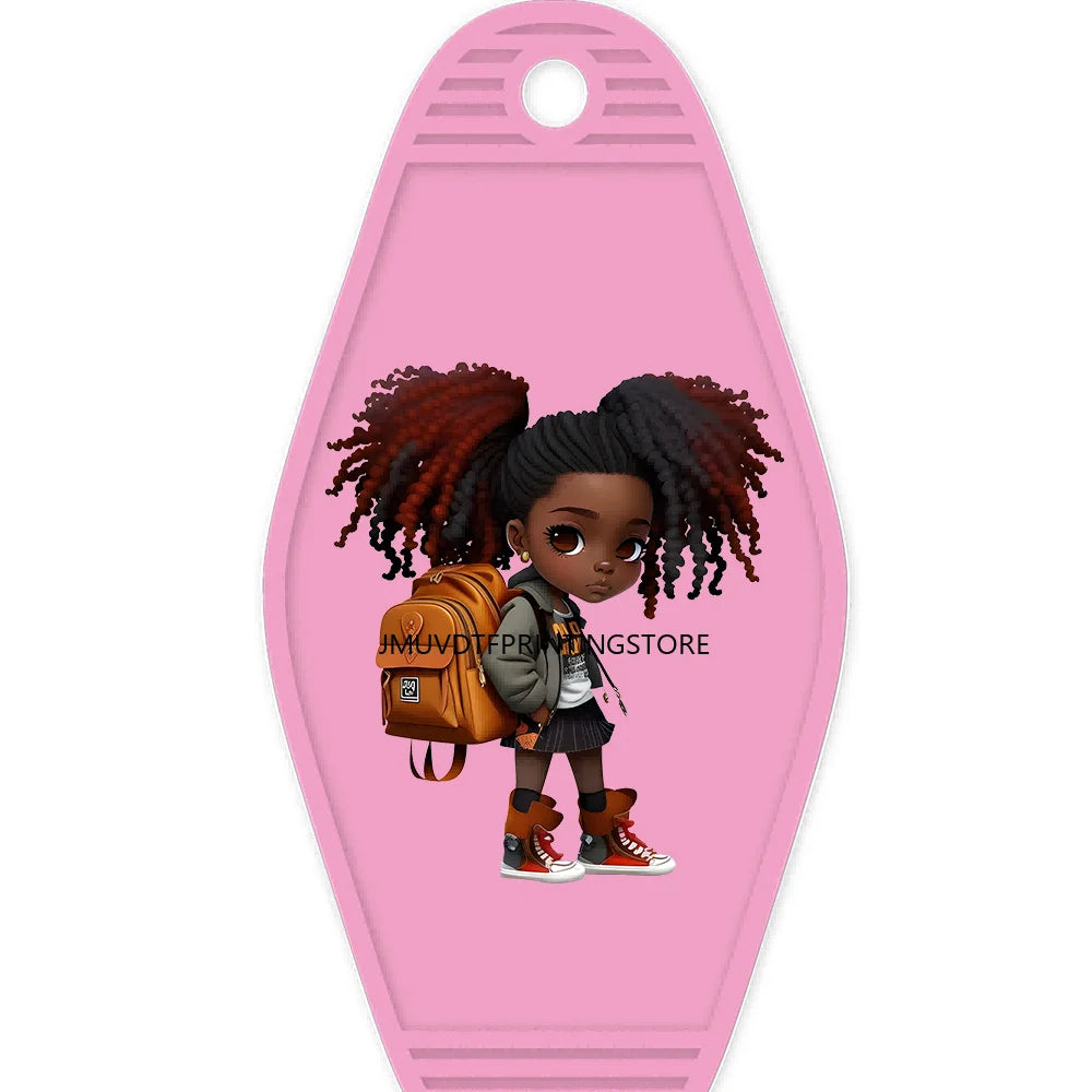 School Melanin Black Girls With Luggage High Quality WaterProof UV DTF Sticker For Motel Hotel Keychain Afro Children