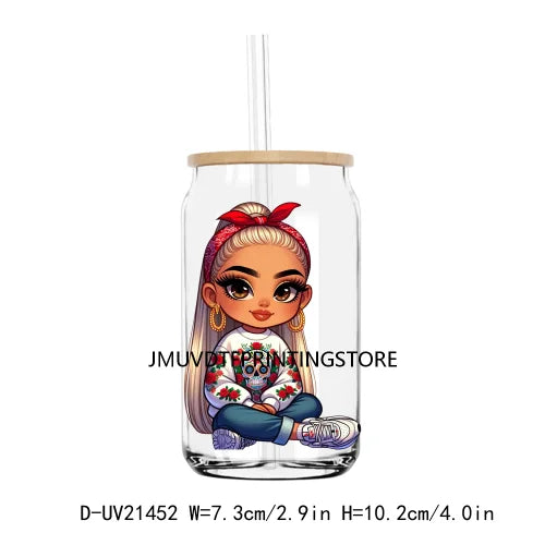 Chibi Cute Chicana Doll With Rose UV DTF Transfers Stickers Decals For Libbey Cold Cups Mugs Tumbler Mexico Waterproof DIY Logo