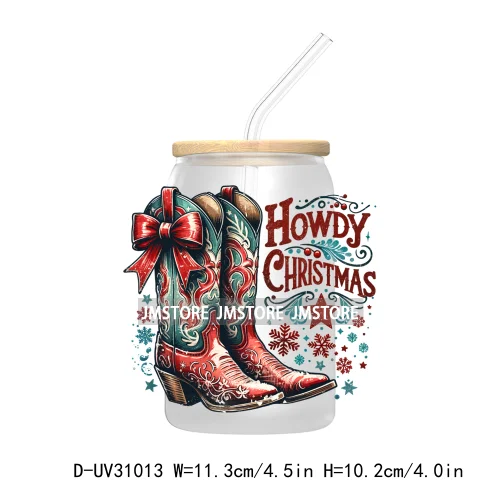 Howdy Christmas Boots Cowboy Cowgirl Western Country Xmas UV DTF Transfer Stickers Decals For Libbey Cold Cups Mugs Tumbler Bow