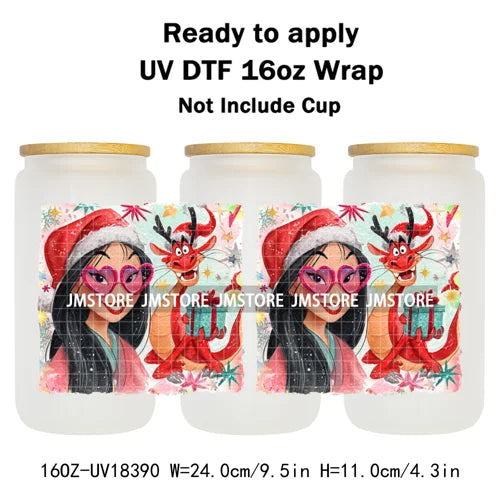 Brushstroke Christmas Glitter Princess UV DTF Cup Wrap Ready To Apply Transfer Stickers 16OZ Tumbler Wraps For Libbey Glass Can