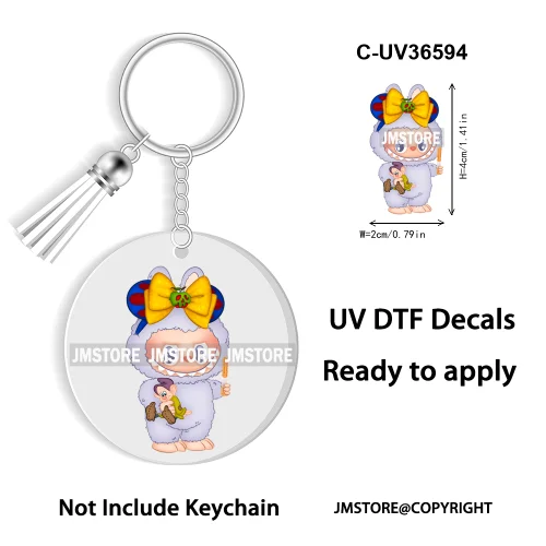 Coquette Bow Cartoon Monsters Doll In Costume Decal Round Keychain Ready To Apply UV DTF Transfer Stickers For Circle Keychain