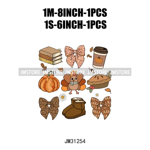 Thanksgiving Coquette Bow Pumpkin Cute Turkey Quotes Give Thanks Jesus Iron On DTF Transfers Stickers Ready To Press For Shirts