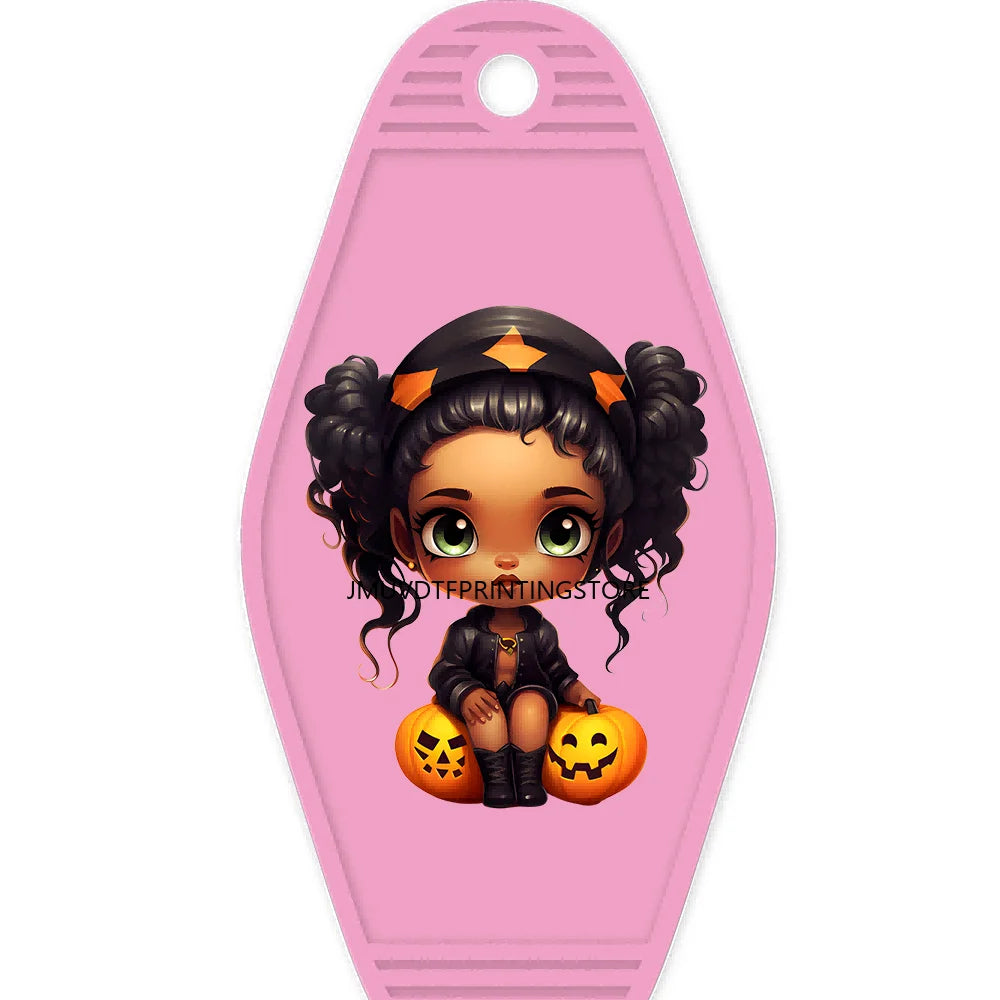 Halloween Pumpkin Cute Afro Girls High Quality WaterProof UV DTF Sticker For Motel Hotel Keychain Festival Gifts