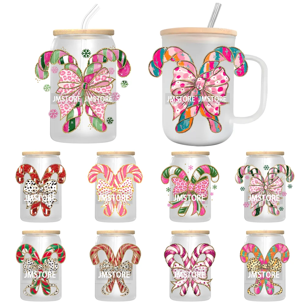 Colorful Coquette Glitter Bow Candy Cane Christmas UV DTF Transfer Stickers Decals For Libbey Cold Cups Mugs Tumbler Waterproof