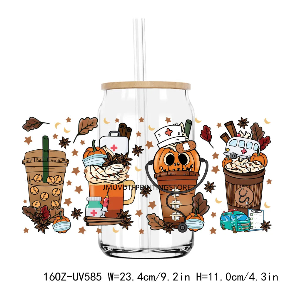 Fall Pumpkin Coffee Nurse 16OZ UV DTF Cup Wrap Transfers Stickers Custom Labels DIY Durable Waterproof Logo For Libbey Glass Can