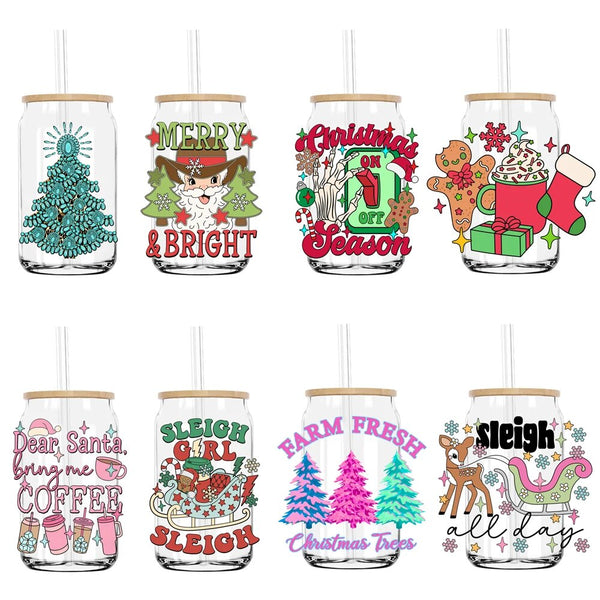 Merry And Bright Christmas Season UV DTF Transfers Stickers Decals For Libbey Cold Cups Mugs Tumbler Waterproof DIY Craft