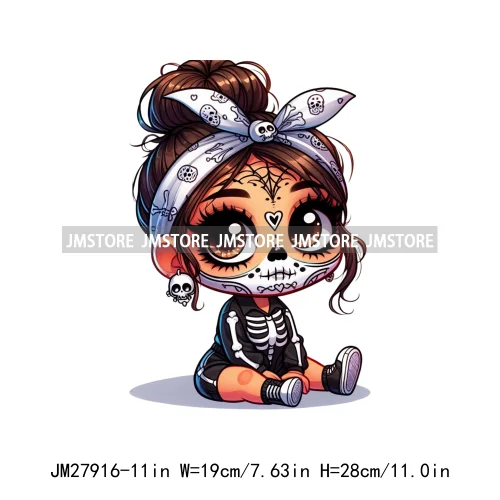 Halloween Skeleton Latina Baby Chibi Hispanic Girls Spooky Season DTF Iron On Transfers Stickers Ready To Press For Clothing