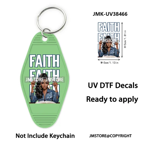 Afro Girls Faith Religious Christian UV DTF Motel Keychain Wraps Ready To Apply Waterproof High Quality Hotel Keychain Decals