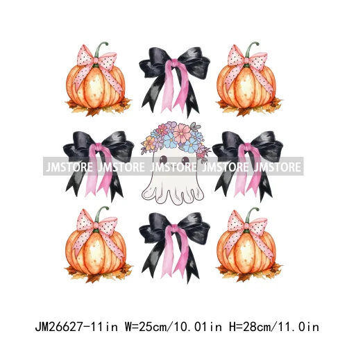 Colorful Halloween Spooky Season Cute Ghost Pumpkin Girly Coquette Bow DTF Iron On Transfers Stickers Ready To Press For T-shirt