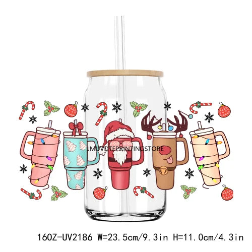 Merry Christmas Glitter Gingerbread UV DTF Sticker For 16OZ Libbey Glass Cup Can Wrap Transfer Sticker Custom Labels DIY Logo