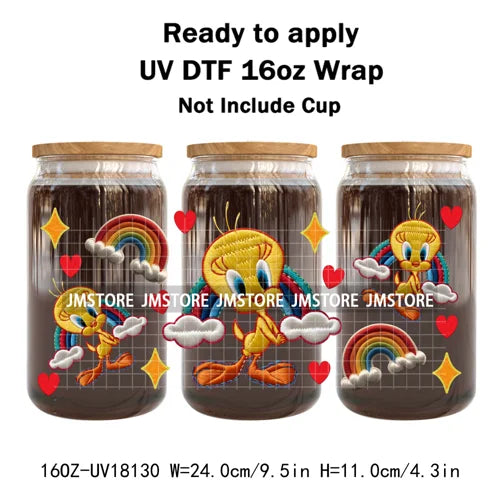 Faux Embroidery Floral Cartoon Characters UV DTF Stickers Ready To Apply Cup Wraps Waterproof For 16OZ Libbey Glass Can Tumbler