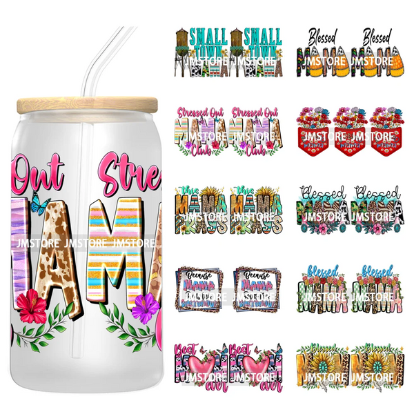 Floral Blessed Mama Leopard Mom 16OZ UV DTF Cup Wraps Ready To Apply Waterproof Transfer Stickers For Libbey Glass Can Tumbler