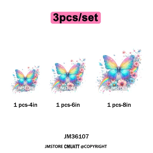 Colorful Sparkling Rainbow Butterflies Flowers Lovers Washable Iron on DTF Transfers Stickers Diy Ready to Press for Clothes