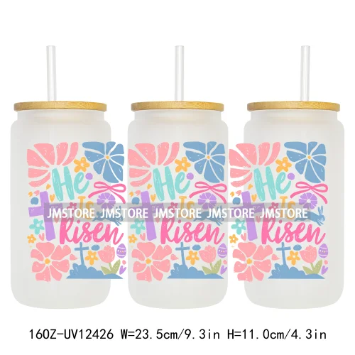 He Is Risen Christian Easter 16OZ UV Cup Wrap DTF Transfer Stickers For Libbey Glass Can Cups Tumbler Girly Happy Easter Bunny