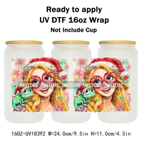 Brushstroke Christmas Glitter Princess UV DTF Cup Wrap Ready To Apply Transfer Stickers 16OZ Tumbler Wraps For Libbey Glass Can