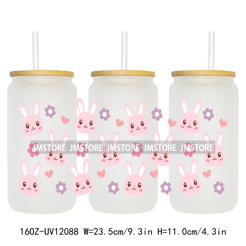 Retro Easter Bunny Rabbit Eggs Flowers 16OZ UV Cup Wrap DTF Transfer Stickers For Libbey Glass Can Cup Tumbler Waterproof Labels