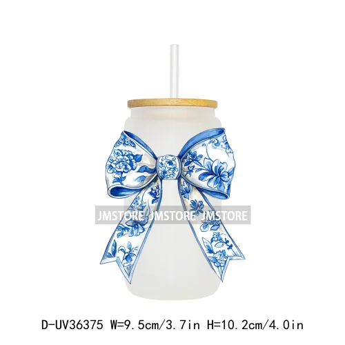 Blue Chinoiserie Coquette Bow UV Sticker Decals For Libbey Cold Cups Mug Tumbler Transfer Stickers Waterproof Top Quality Prints