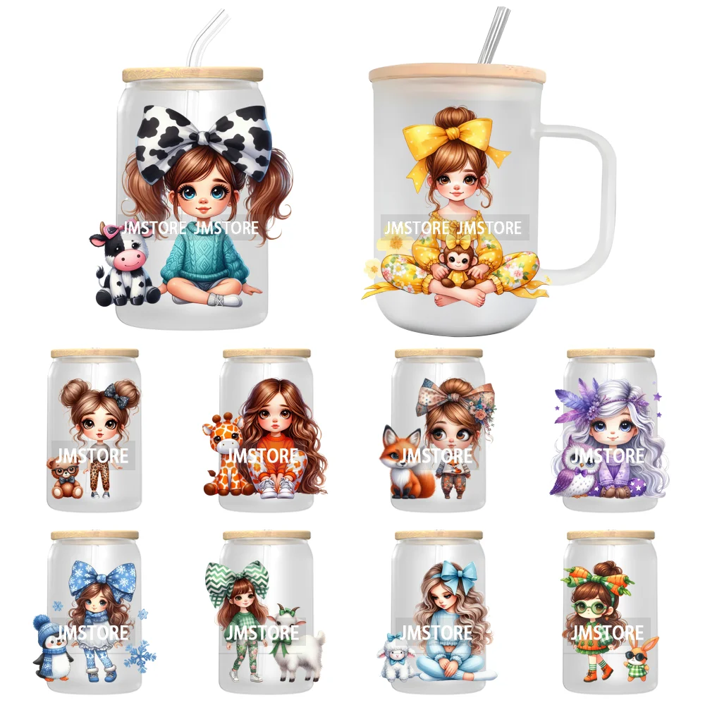 Pretty Girl With Animals UV Sticker Decals For Libbey Cold Cups Mugs Tumbler Transfer Stickers Waterproof High Quality Labels