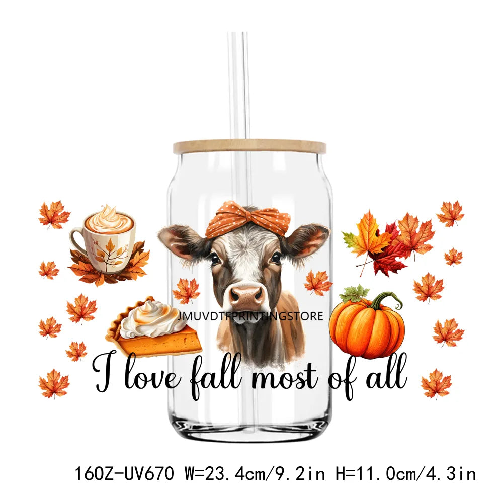 Fall Season Autumn Pumpkin 16OZ UV DTF Cup Wrap Transfers Stickers DIY Durable Waterproof Logo For Libbey Glass Can