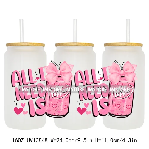 Soft Drink Pink Bow Coquette Strawberry UV DTF Wraps Transfer Sticker Selfadhesive Waterproof  For 16OZ Libbey Glass Can Tumbler