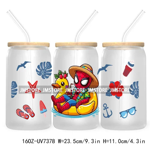 Hero Cartoon Summer Vacation 16OZ UV DTF Cup Wrap Transfers Stickers Custom Labels Durable Waterproof Logo For Libbey Glass Can