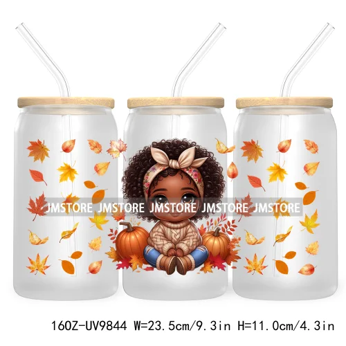 Afro African Girl 16OZ UV Cup Wrap DTF Transfer Stickers For Libbey Glass Can Cups Tumbler Fall Season Autumn Waterproof Labels