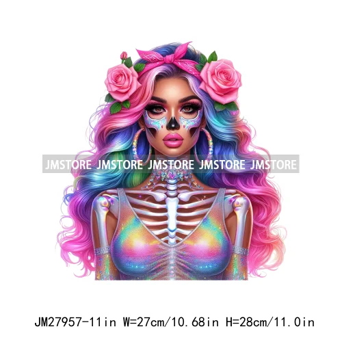 Raninbow Diamond Glamor Latina Skeleton Woman Rose Chicana  Earing Girls DTF Iron On Heat Press Transfer Stickers For Clothes