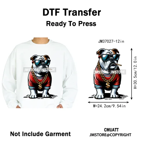12in Streetwear Vibes Rich Cool Cartoon Bulldog King Designs Washable Iron on DTF Transfers Stickers Ready to Press for Clothes