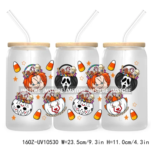 Horror Princess Halloween 16OZ UV DTF Cup Wrap Transfer Stickers Movie Killers Custom Labels For Libbey Glass Can Trick Or Treat