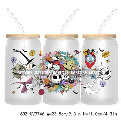 Spooky Cartoon Halloween 16OZ UV Cup Wrap DTF Transfer Stickers For Libbey Glass Can Cups Tumbler Waterproof Labels Scare Crew