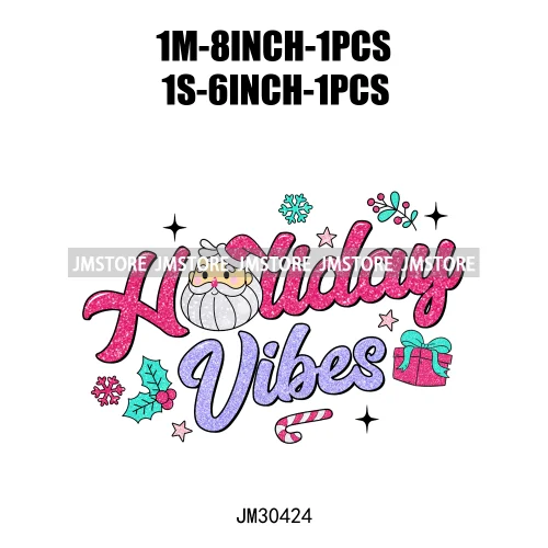 Colorful Holly Jolly Vibes Faux Glitter Christmas Santa Sleigh All Day Iron On DTF Transfers Stickers Ready To Press For Clothes