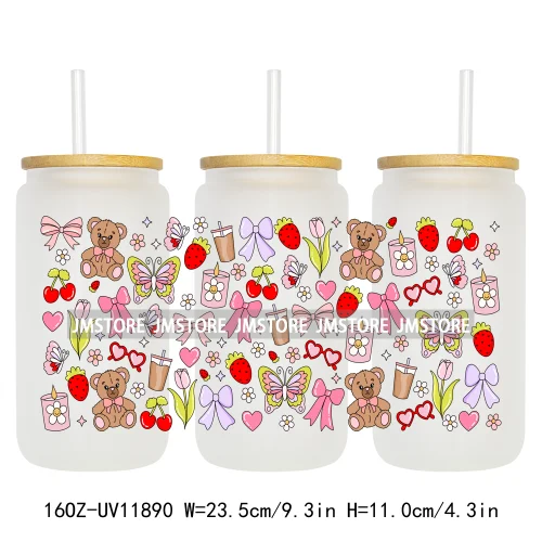 Coquette Bow Pencil 16OZ UV Cup Wrap DTF Transfer Stickers For Libbey Glass Can Cups Tumbler Cherry Heart Love Valentines Day