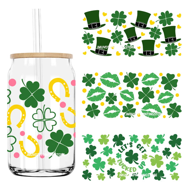 Lucky St. Patrick's Day Green Shamrock UV DTF Sticker For 16OZ Libbey Glass Cup Can Wrap Transfer Sticker Custom Labels DIY Logo