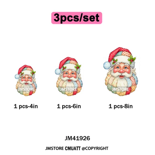 Merry and Bright Coquette Patchwork Santa Christmas Holiday Season Iron on DTF Heat Transfer Stickers Ready to Press for Hoodies