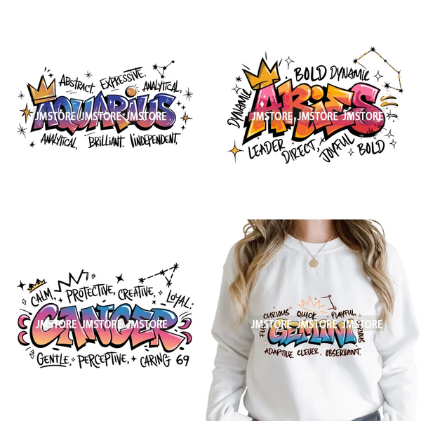 Zodiac Signs Graffiti Astrology Horoscopes Constellation  Iron on Washable DTF Transfer Sticker Ready to Press for T-shirts Bags