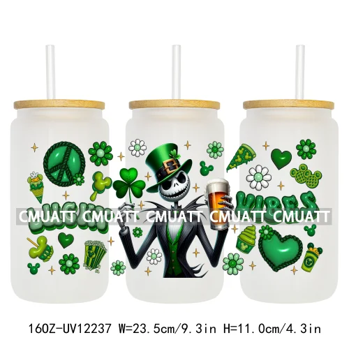 Cartoon Princess Girls St Patricks' Day Lucky Vibes 16OZ UV DTF Cup Transfer Wrap Sticker Waterproof Logos For Libbey Glass Can